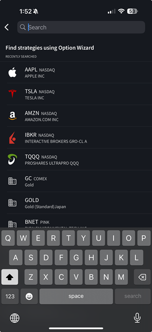The option wizard search intrument page on the iPhone. 